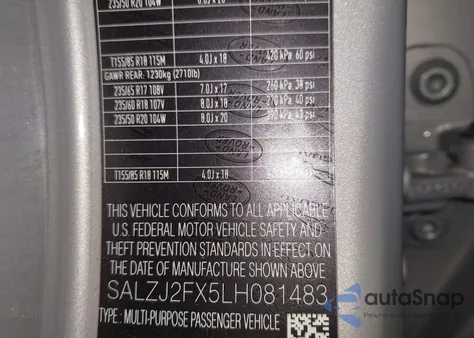 2020 Land Rover Range Rover Evoque S из США, поврежденный, VIN SALZJ2FX5LH081483